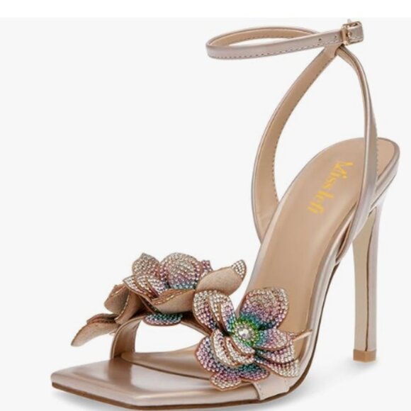 miss left Shoes - miss left Champagne Rhinestones Stiletto Heel with Strap Buckles Flower Sandals
